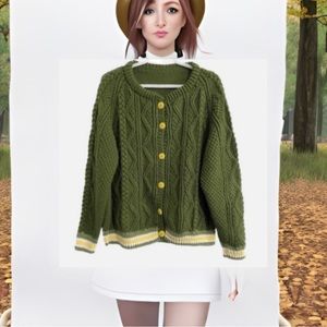 Large Green Cable Knit Sweater with Yellow Accents